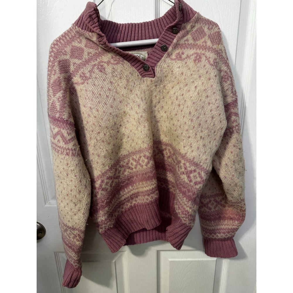 Alps Womens XL Wool Sweater Pink Cream Nordic Fair Isle Button Neck Merrimac
